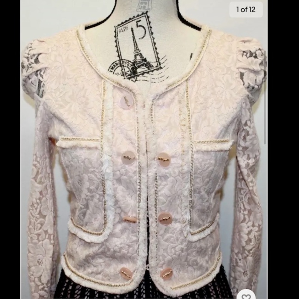 La Chapelle Lace Blush pink Blazer Velvet Focking Gold Thread Piping 38